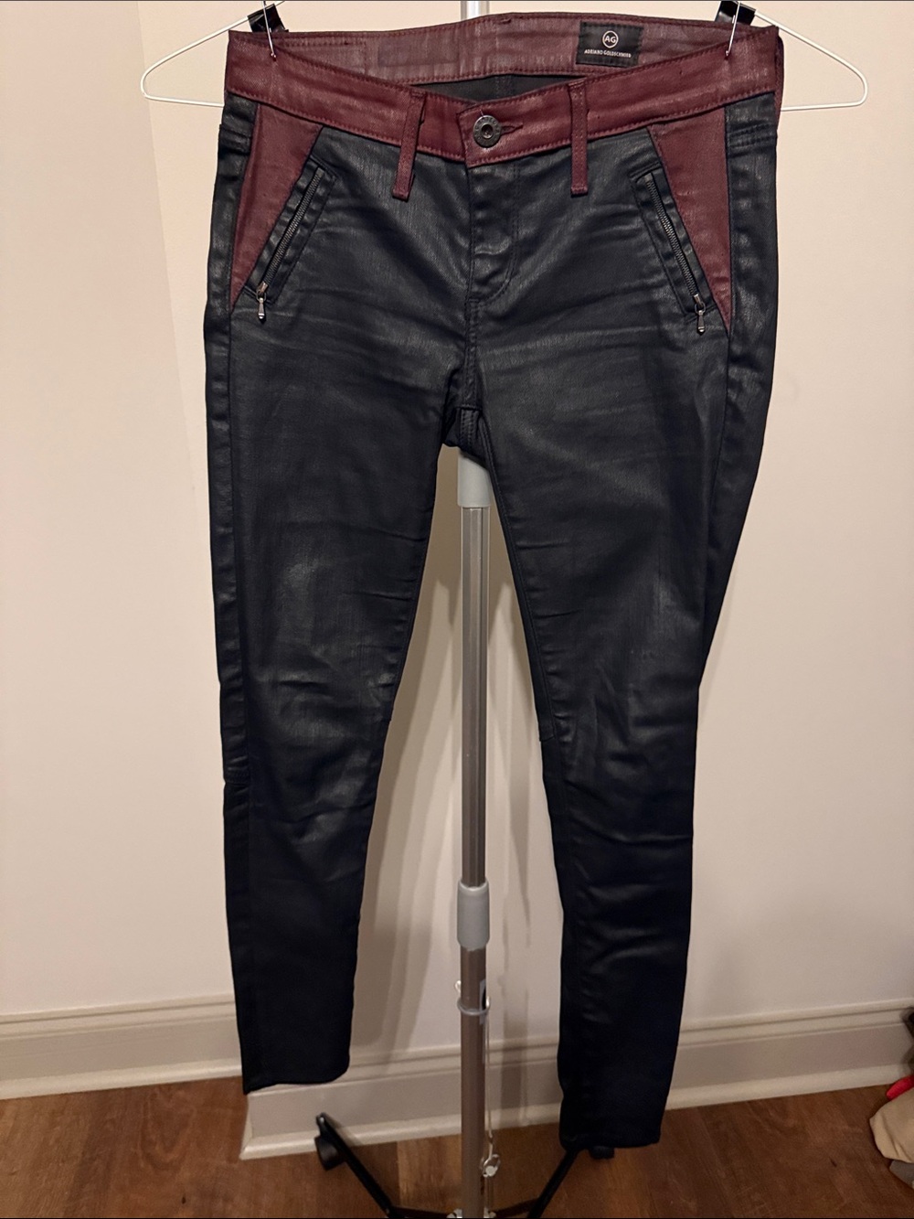 AG Adriano Goldschmied Black Coated Skinny Jeans with Burgundy Trim